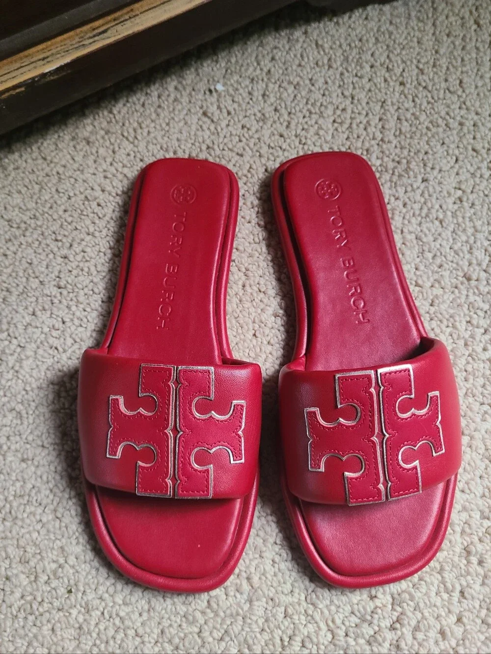 Tory Burch Red Slide Sandals with Gold Logo